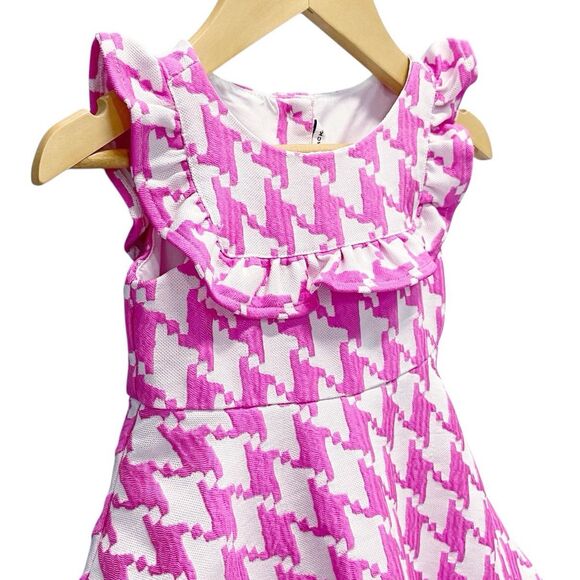 Janie and Jack 12-18 Months Bright Blooms Houndstooth Pink Dress Ruffles - Picture 2 of 12